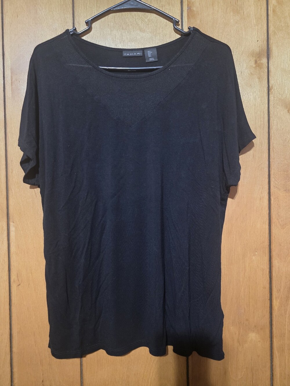 Tahari Women's Black Short-Sleeve Crewneck Top, With Mesh Vneck Lining Sizs L